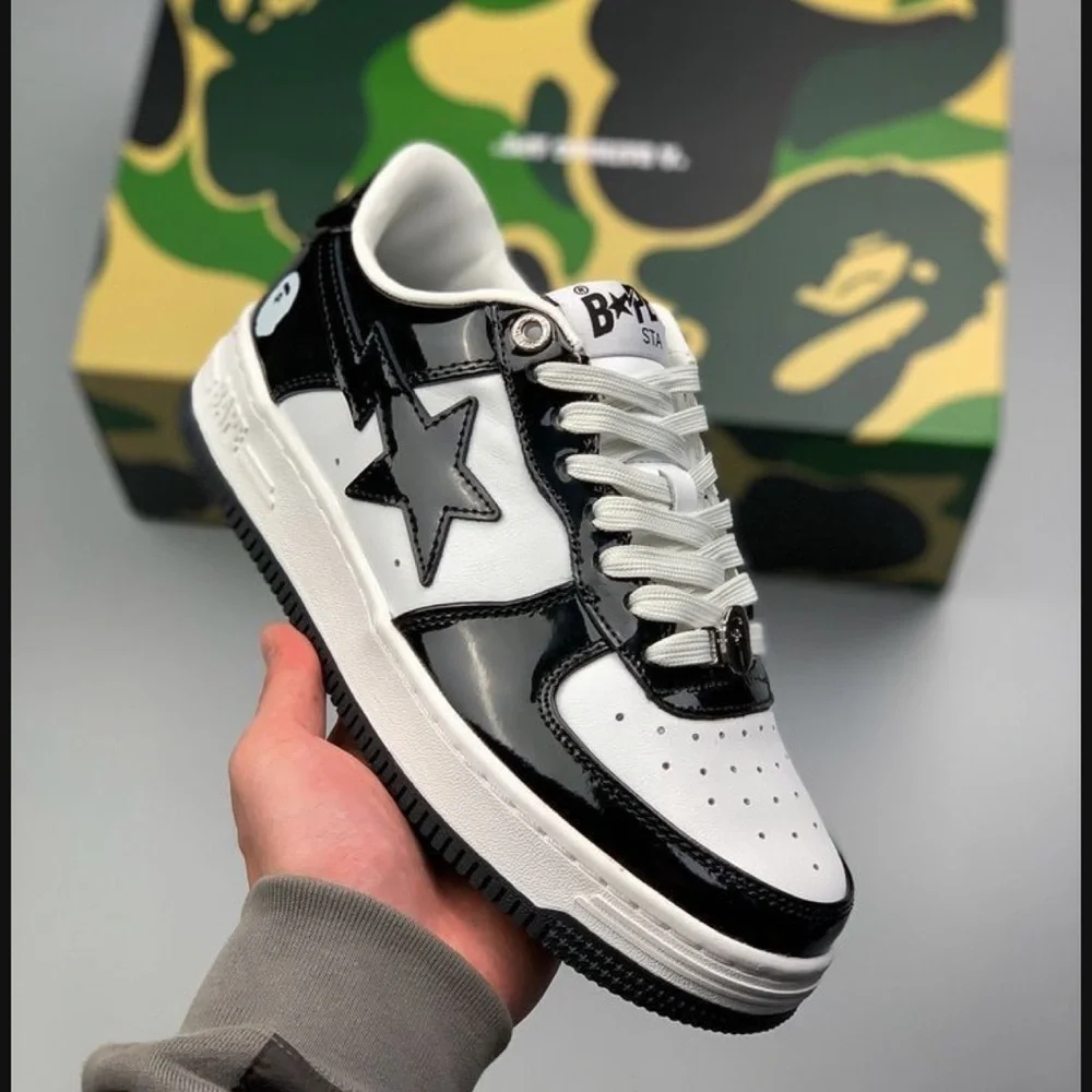 A Bathing Ape Bape Sta Low Black White Patent Leather Sneakers Streetwear Shoes - Picture 3 of 7